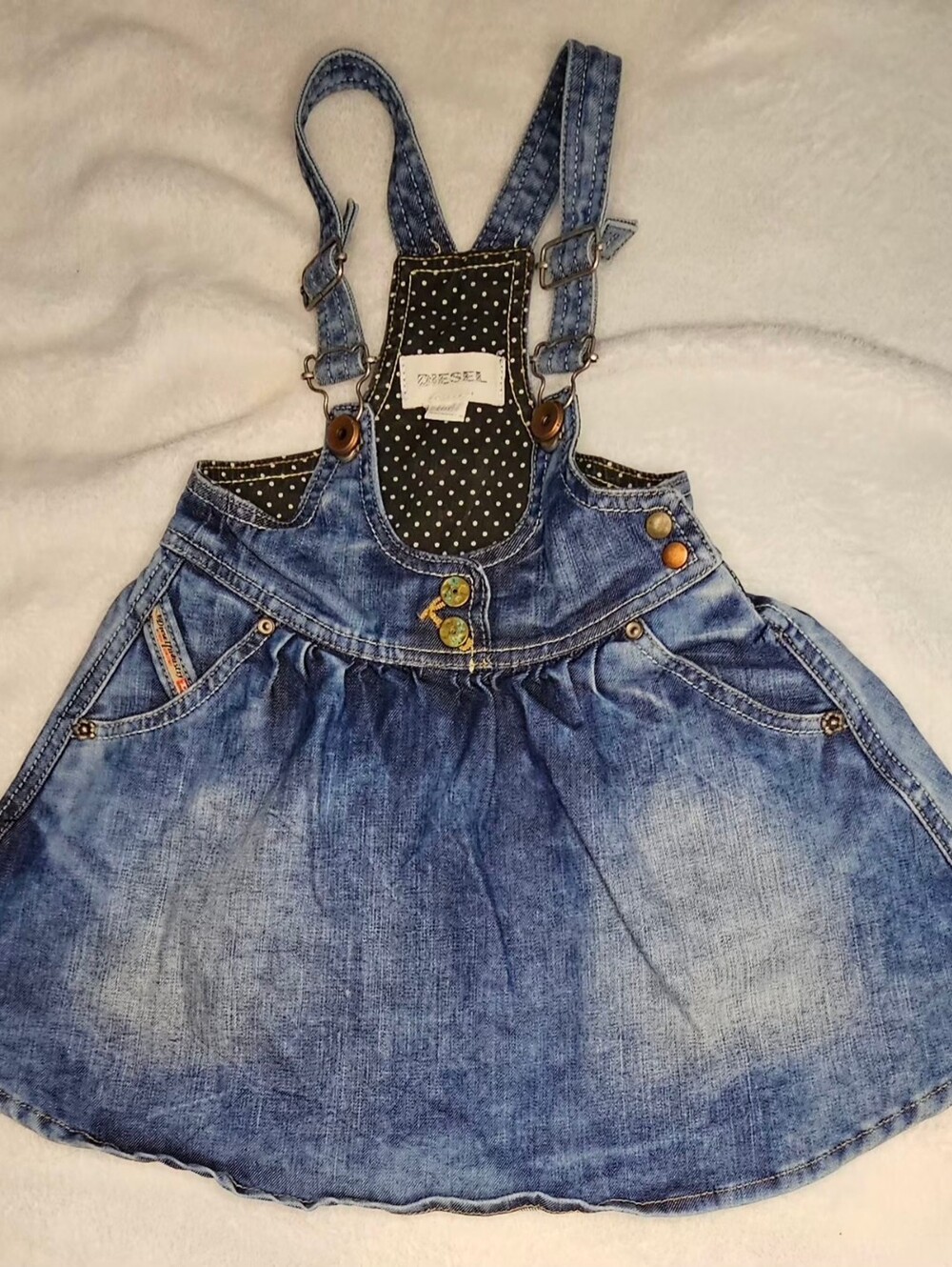 Like New Diesel Blue Washed Denim Overall Skirt with Polka Dot Bib 4T